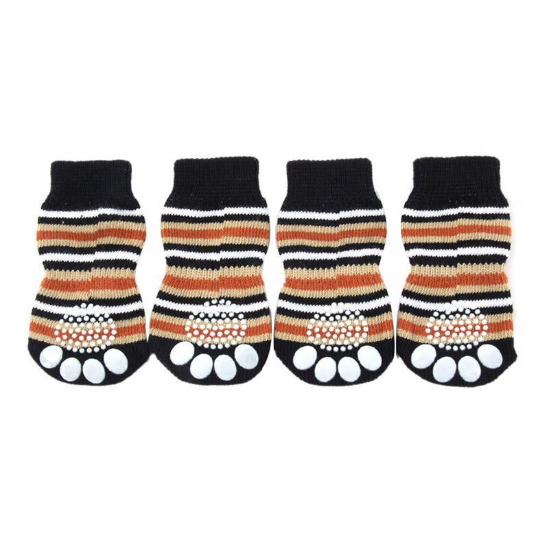 Pet Dog Puppy Cat Anti-slip Knit Cotton Weave Sock 4 Pcs L coffee