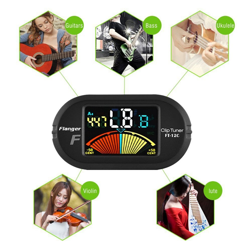Flanger Clip-On Tuner for All Instruments - with Guitar, Bass, Violin, Ukul