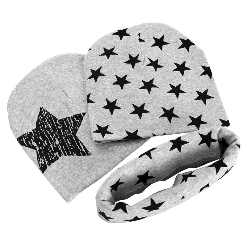 Kids Boys Girls 3Pcs Set Stars Prints O-Ring Scarf Neckerchief+Cute Beanies A4K9