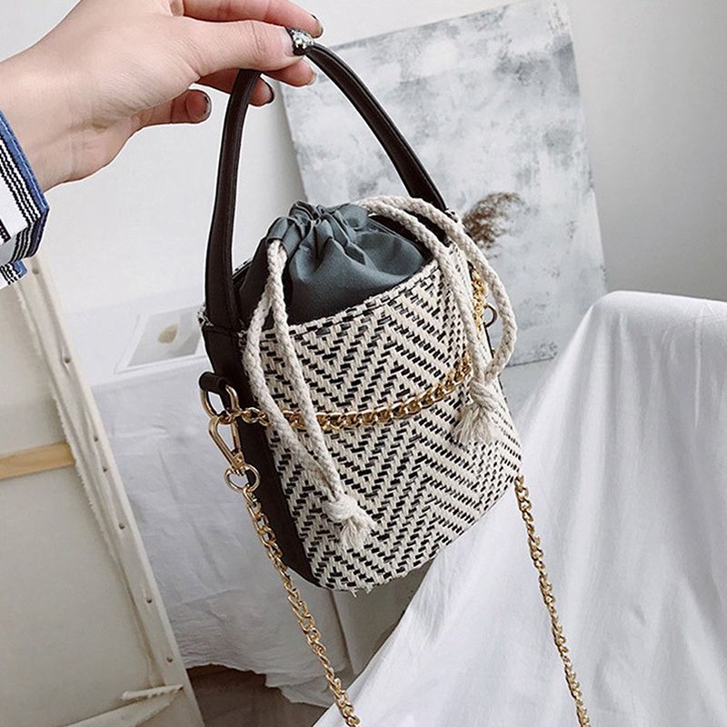 Women Straw Handbag Tote Summer Holiday Woven Bucket Bag Leisure Chain Shou W7A7