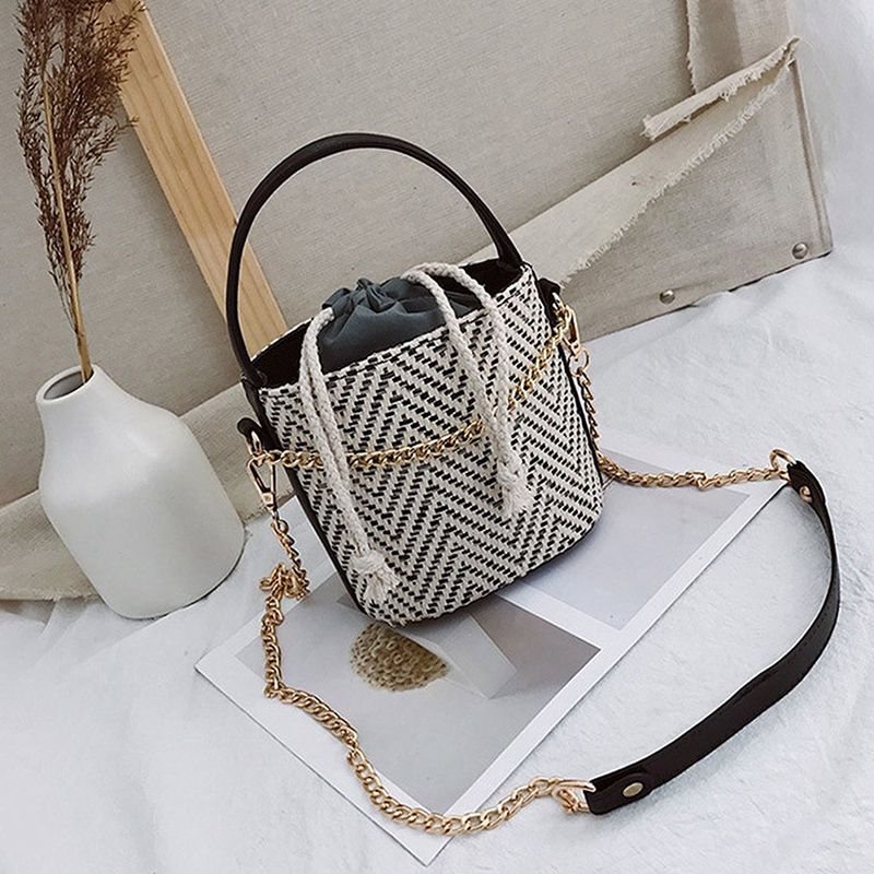 Women Straw Handbag Tote Summer Holiday Woven Bucket Bag Leisure Chain Shou W7A7