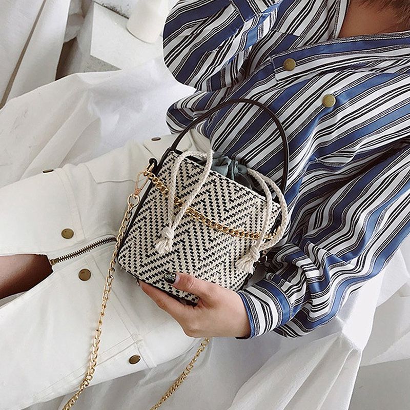 Women Straw Handbag Tote Summer Holiday Woven Bucket Bag Leisure Chain Shou W7A7