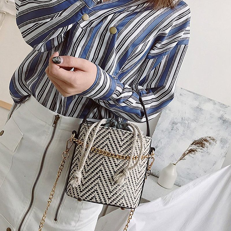 Women Straw Handbag Tote Summer Holiday Woven Bucket Bag Leisure Chain Shou W7A7