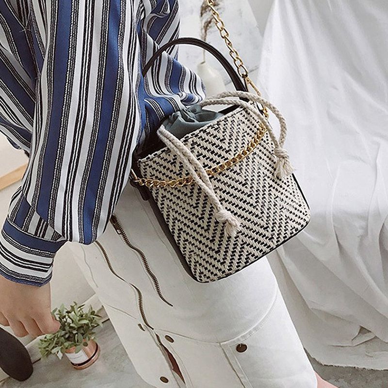 Women Straw Handbag Tote Summer Holiday Woven Bucket Bag Leisure Chain Shou W7A7