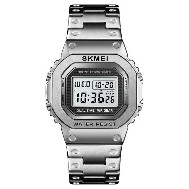 SKMEI 1456 LED Chronograph Countdown Alloy Case Stainless Steel Waterproof Digital Watch Men Watch
