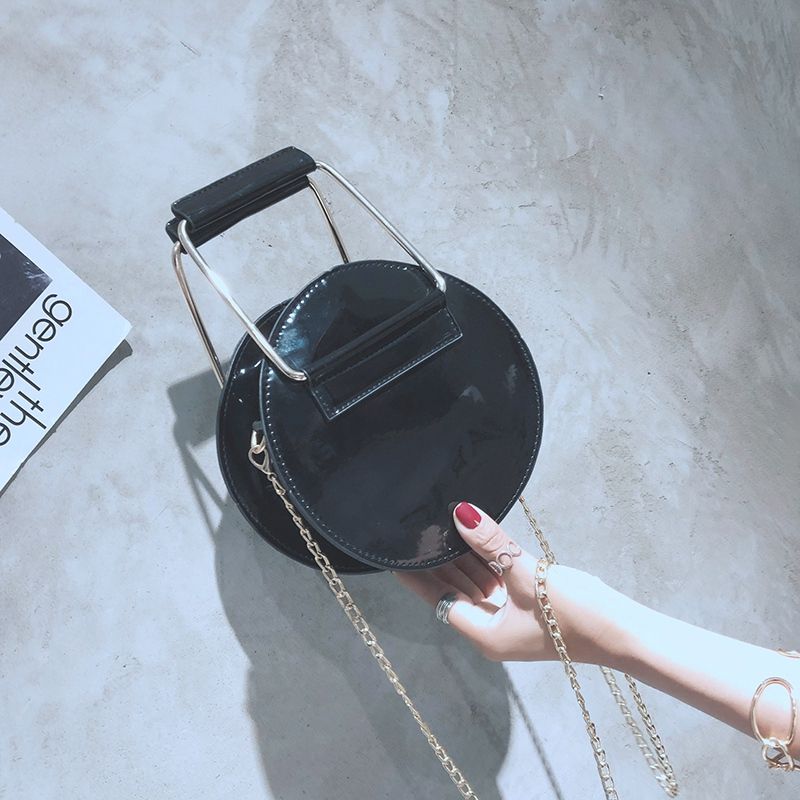 Circular Glossy PU Leather Retro Metal Ring Handbag Small Round Women Shoul Z2A8