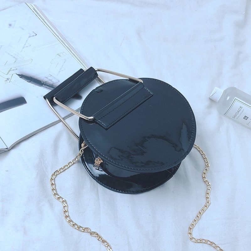 Circular Glossy PU Leather Retro Metal Ring Handbag Small Round Women Shoul Z2A8