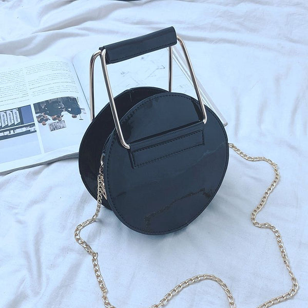 Circular Glossy PU Leather Retro Metal Ring Handbag Small Round Women Shoul Z2A8