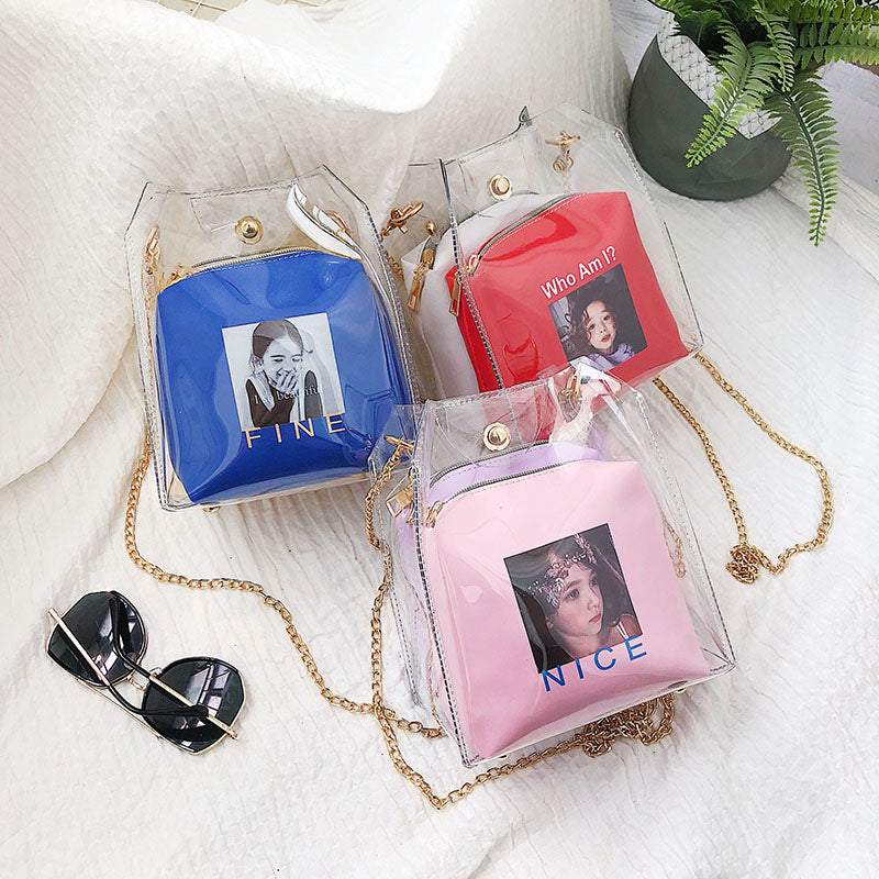 Women Small Bucket Bags Spray Map Plastic Transparent Totes Composite Chain T6Y3