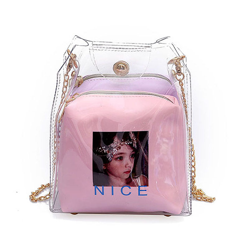 Women Small Bucket Bags Spray Map Plastic Transparent Totes Composite Chain T6Y3