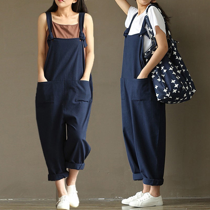 Women Summer Casual Pockets Jumpsuit Romper Overalls Dark blue XXXL X6D5