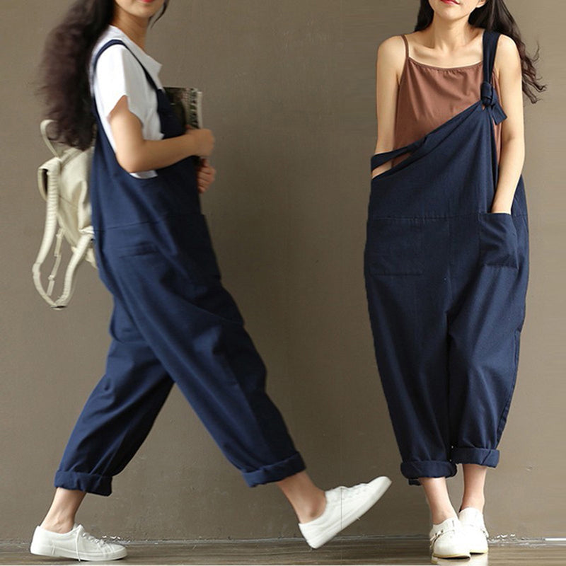 Women Summer Casual Pockets Jumpsuit Romper Overalls Dark blue XXXL X6D5