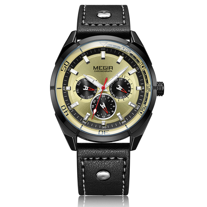 MEGIR ML2072G Men Watch Luminous Display Calendar Watch Leather Sport Style Quartz Wristwatches