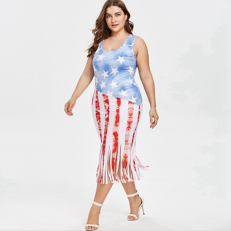 American Stars and Stripes Sexy Vest Dress Flag Fringe Dress XXXL E8Z3
