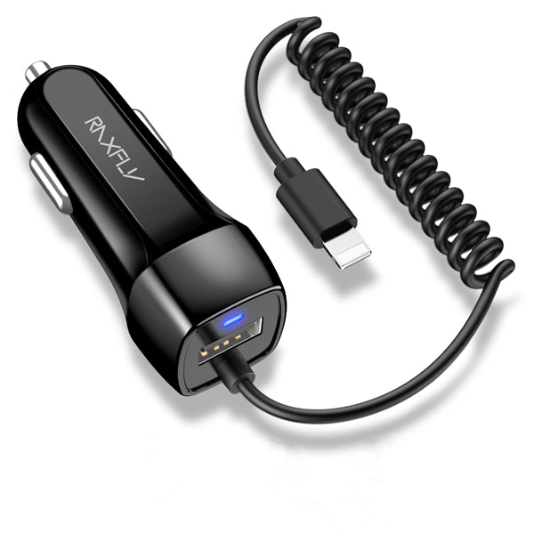 RAXFLY 2.1A LED Indicator Fast Car Charger With Spring USB Cable For Oneplus 6 5t Xiaomi Mi8 S9