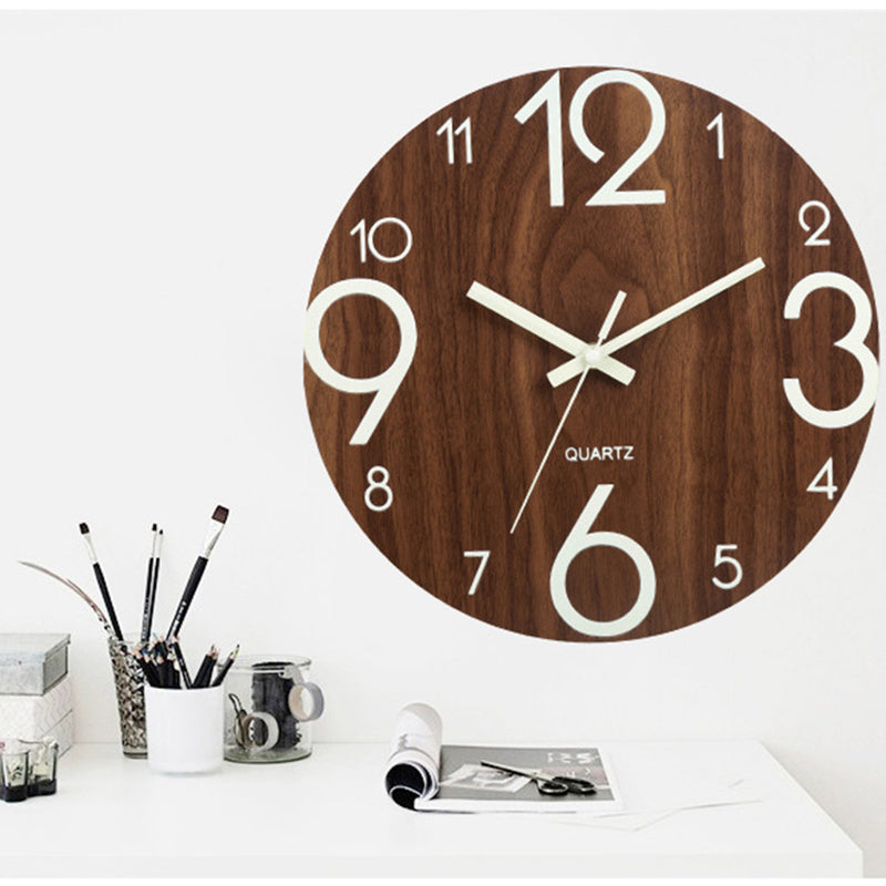 12" Luminous Wall Clock Quartz Wooden Silent Non Ticking Dark Home Room Decor