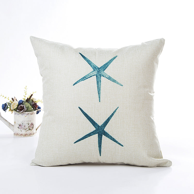 Blue Sea House Starfish Cotton Linen Cushion Cover Square Soft Decorative Pillow Case
