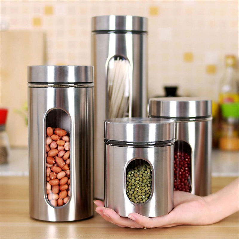 Stainless Steel Storage Jar Tea Coffee Sugar Kitchen Glass Canister Container Kitchen Storage Container