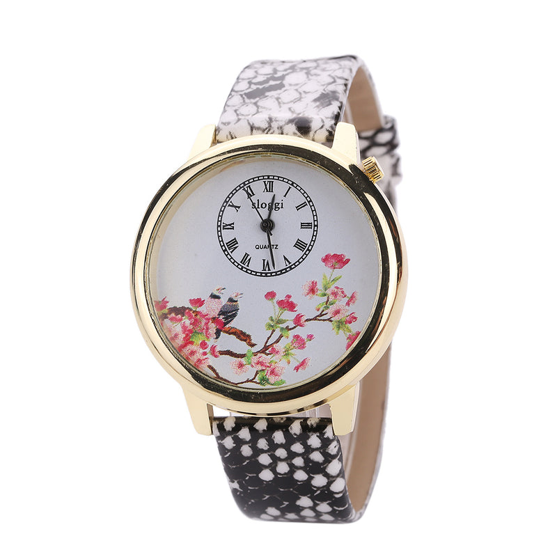Flower and Bird Quartz Watch Casual Style Leather Strap Women Wrist Watches