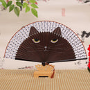 Women Cartoon Cat Folding Silk Fan Handheld Fan Hollow Out Hand Folding Fan X6T7