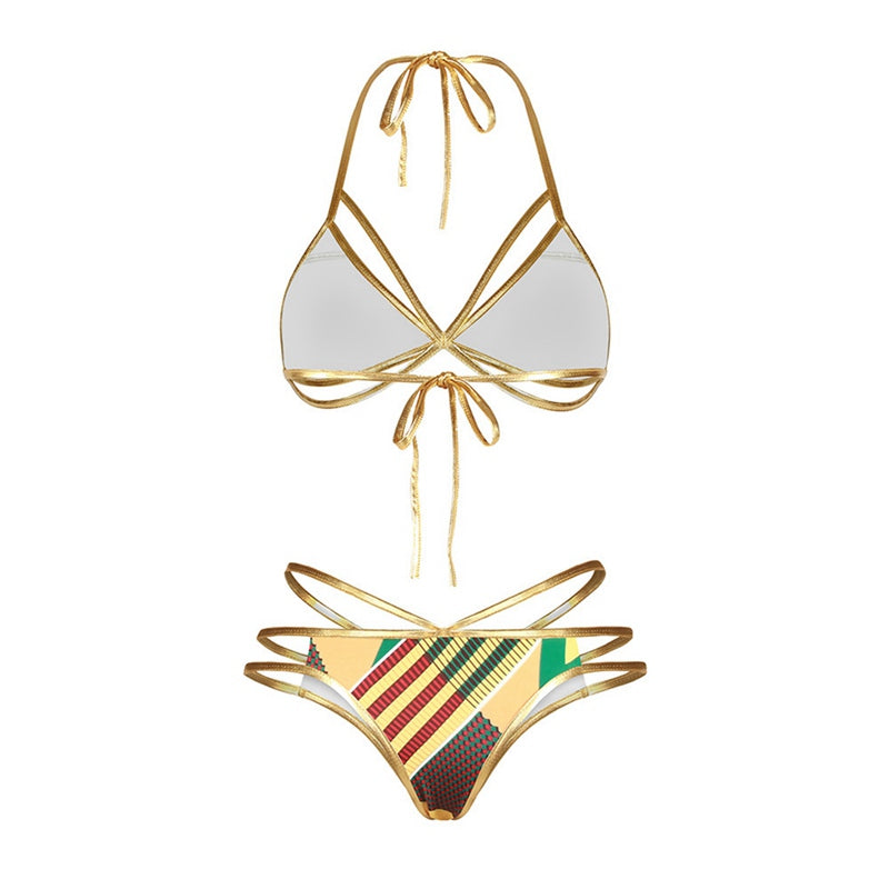 2pcs Creative Digital Print Bandage Bikini Sexy Backless Triangular Split S P1A7