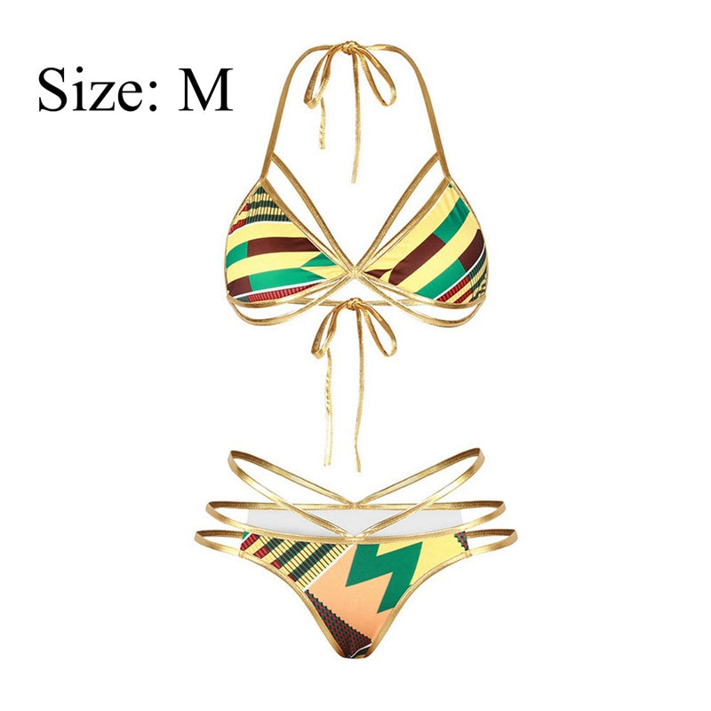 2pcs Creative Digital Print Bandage Bikini Sexy Backless Triangular Split S P1A7
