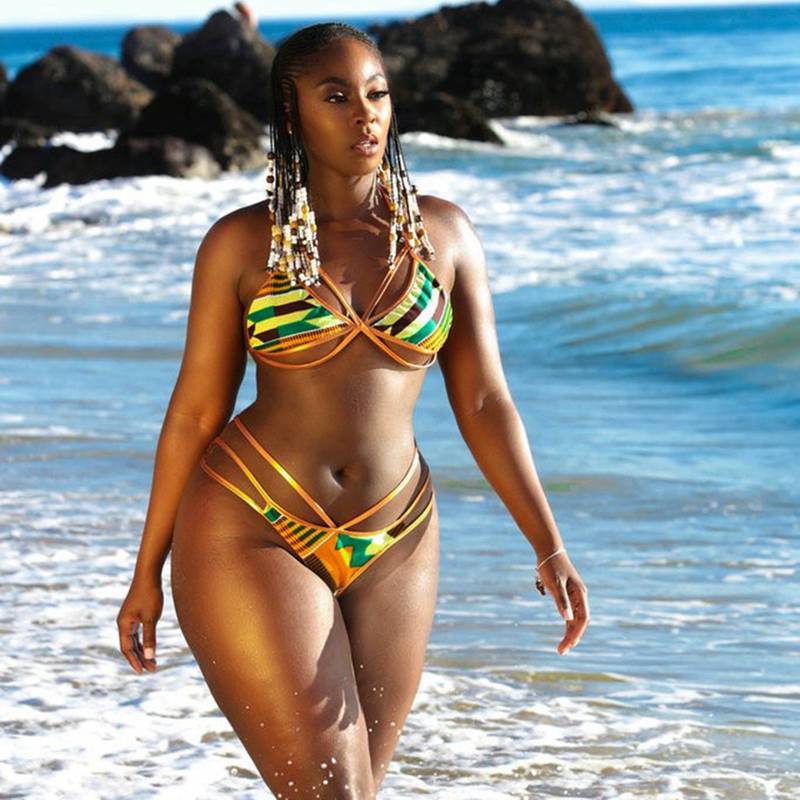 2pcs Creative Digital Print Bandage Bikini Sexy Backless Triangular Split S P1A7