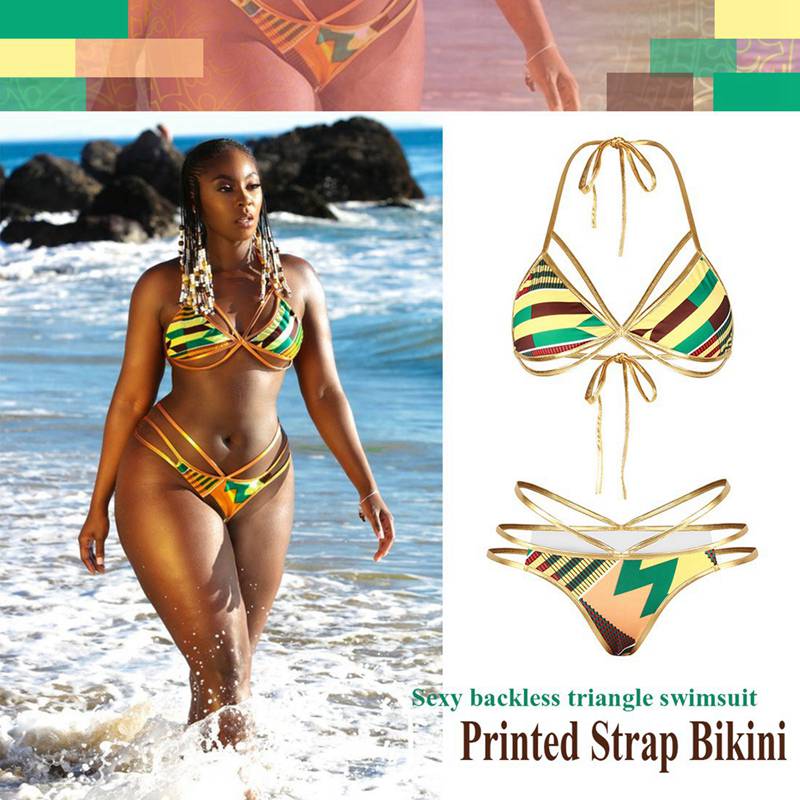 2pcs Creative Digital Print Bandage Bikini Sexy Backless Triangular Split S P1A7