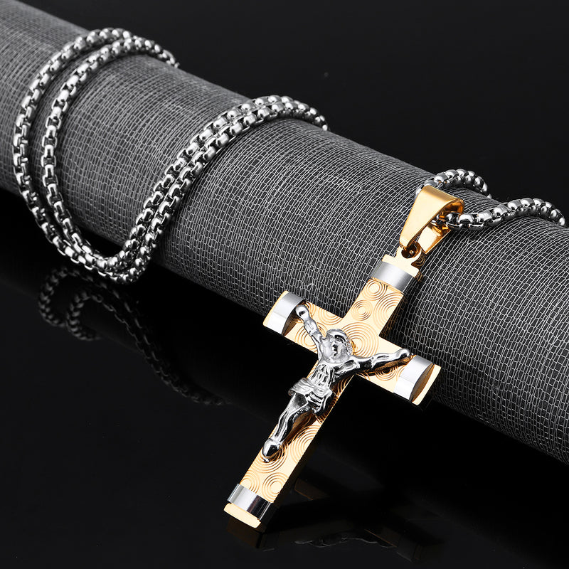 Stainless Steel Christ Jesus Cross Crucifix Patterned Pendant Necklace Chain