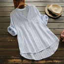 New Summer Shirt Cotton Linen Stripe Casual Half Sleeve Shirts Loose Pocket S4R9