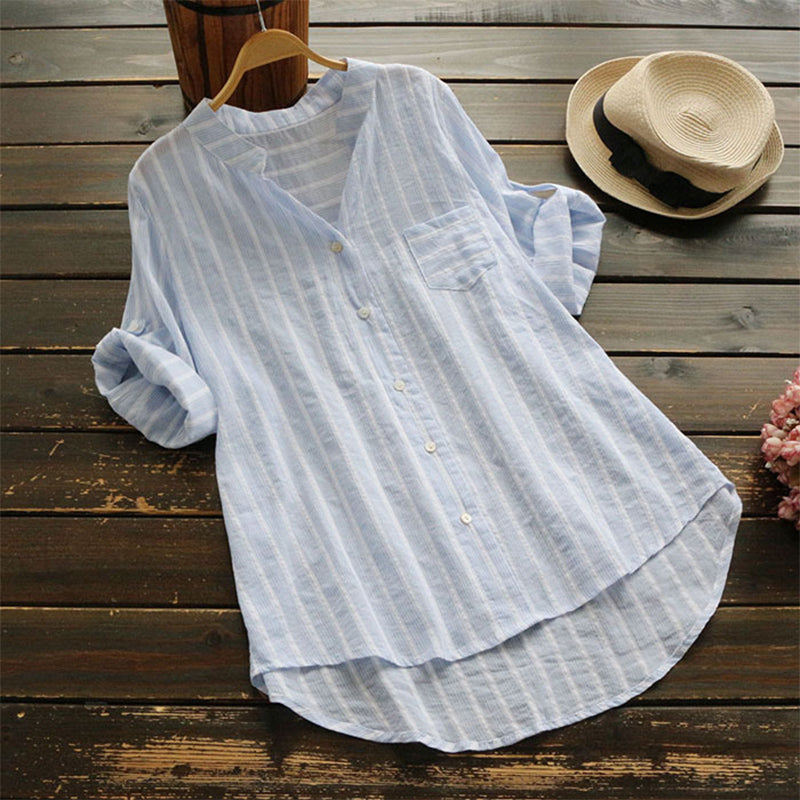 New Summer Shirt Cotton Linen Stripe Casual Half Sleeve Shirts Loose Pocket S4R9