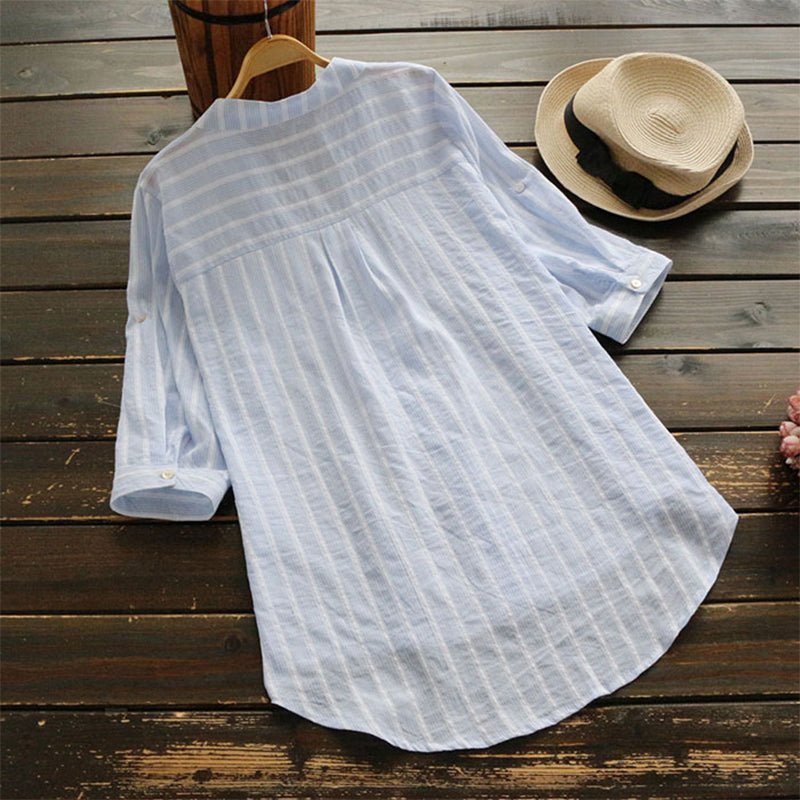New Summer Shirt Cotton Linen Stripe Casual Half Sleeve Shirts Loose Pocket S4R9