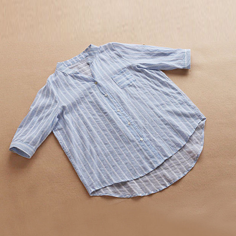 New Summer Shirt Cotton Linen Stripe Casual Half Sleeve Shirts Loose Pocket S4R9