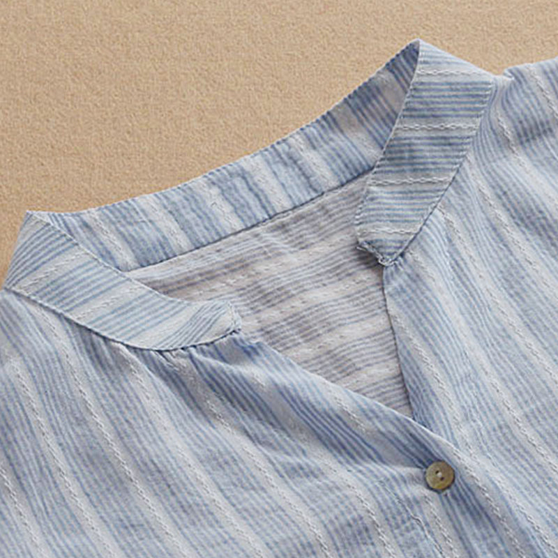 New Summer Shirt Cotton Linen Stripe Casual Half Sleeve Shirts Loose Pocket S4R9