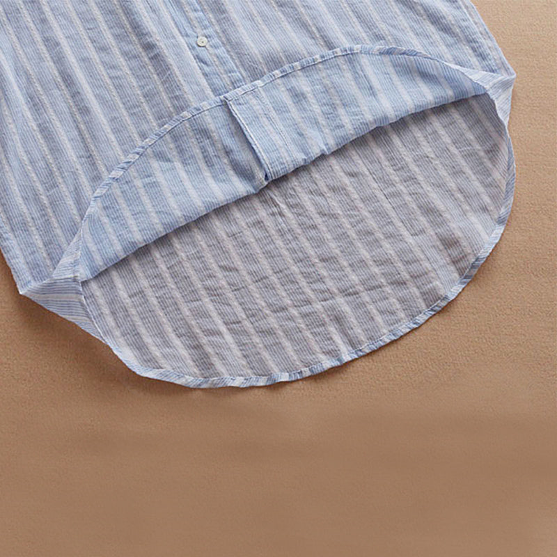 New Summer Shirt Cotton Linen Stripe Casual Half Sleeve Shirts Loose Pocket S4R9