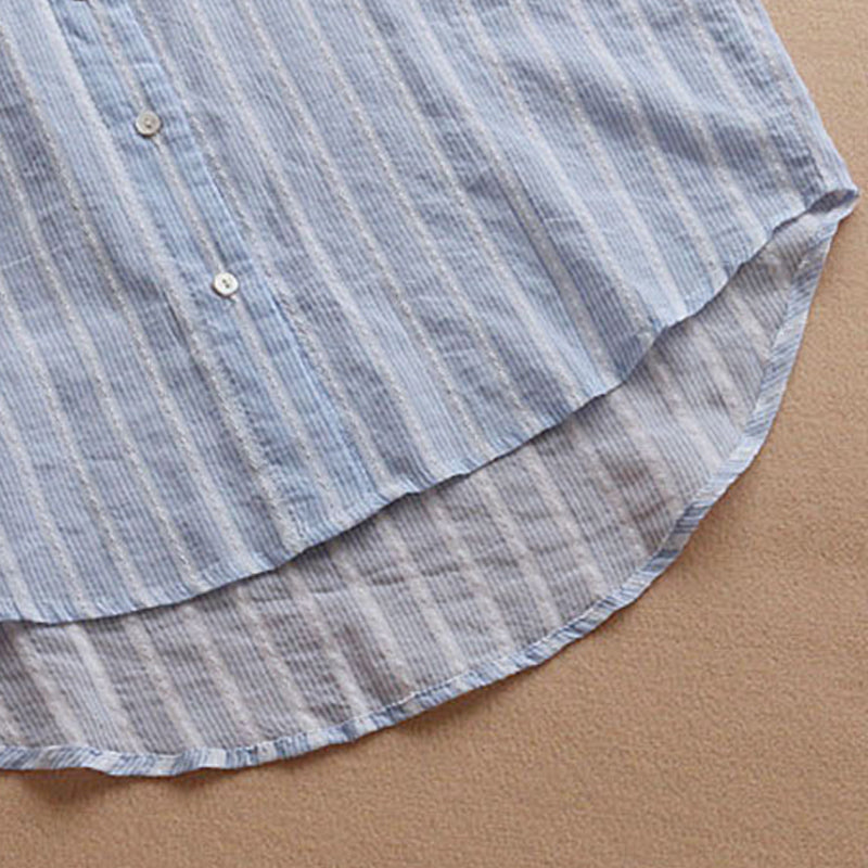 New Summer Shirt Cotton Linen Stripe Casual Half Sleeve Shirts Loose Pocket S4R9