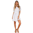 Women Summer Beach Dress A-Line Striped Short Sleeve O-Neck Dresses Casual  M2W9
