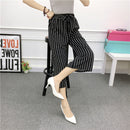 Ladies Spring Autumn Long Pants Grid Stripe Print The Belt Wide Leg Trouser U8N6