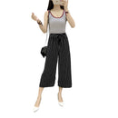 Ladies Spring Autumn Long Pants Grid Stripe Print The Belt Wide Leg Trouser U8N6