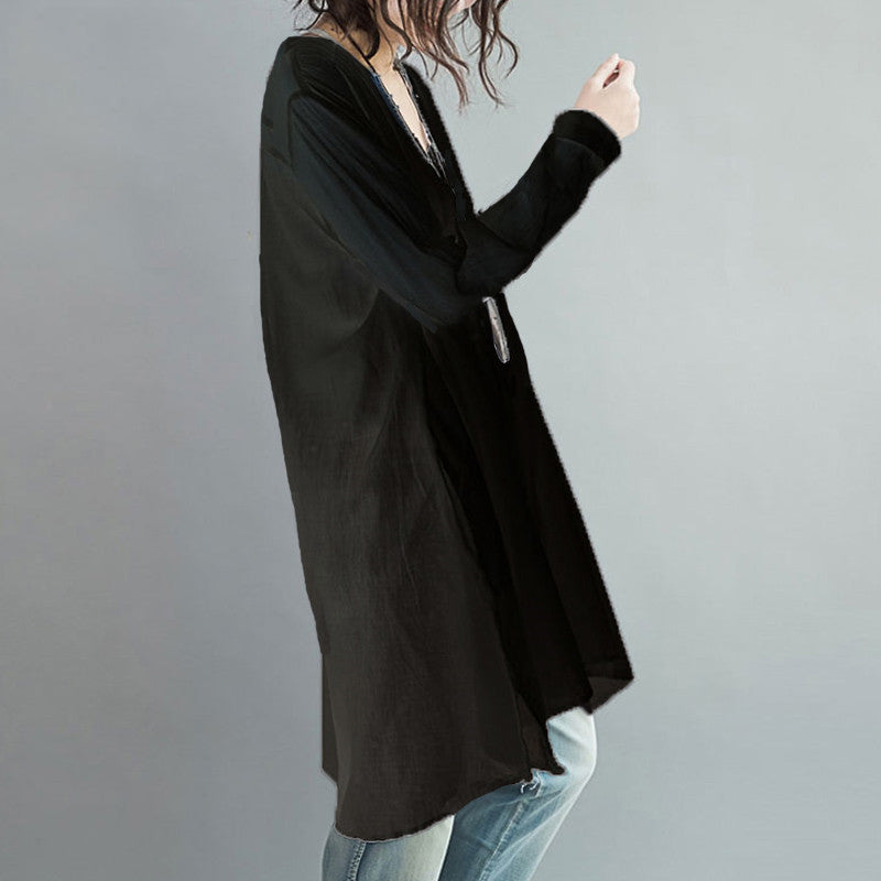 Women Linen V Neck Long Sleeve Buttons Irregular Split Loose Shirt Casual P M5E5