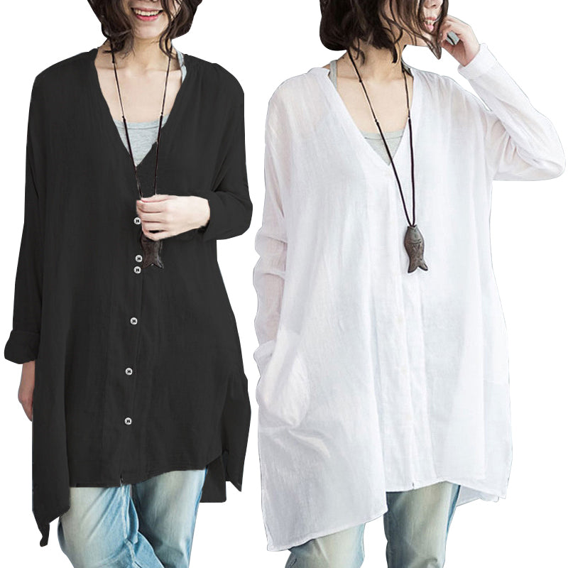 Women Linen V Neck Long Sleeve Buttons Irregular Split Loose Shirt Casual P M5E5