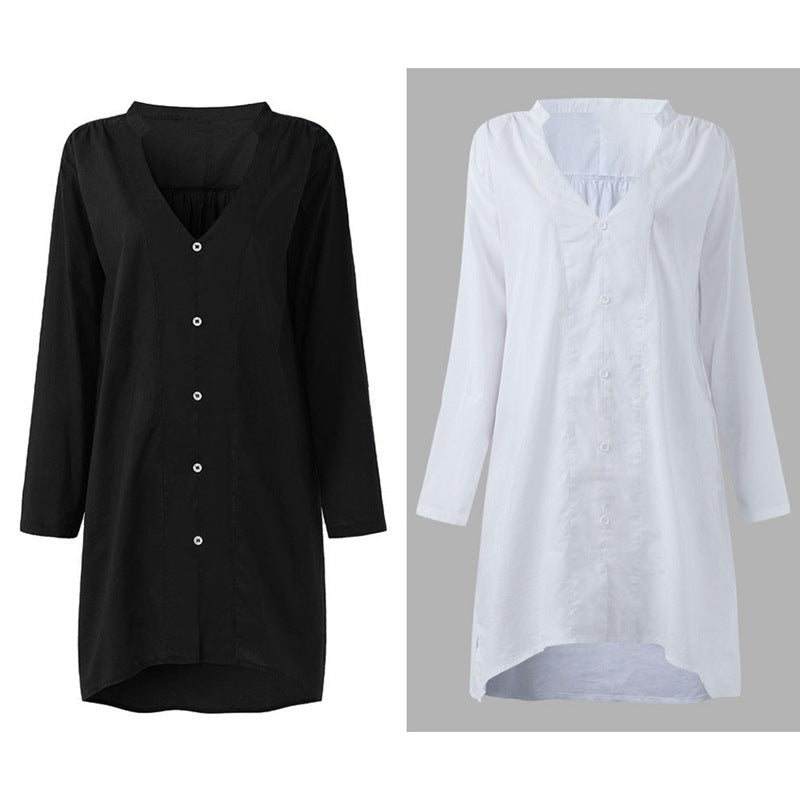 Women Linen V Neck Long Sleeve Buttons Irregular Split Loose Shirt Casual P M5E5