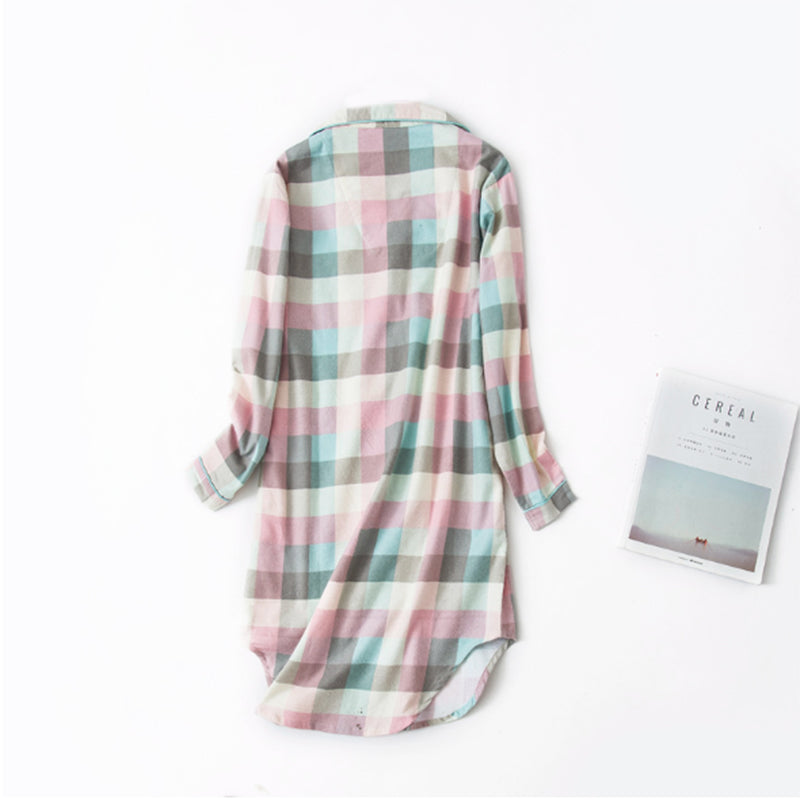 Women Turn-down Collar Long Sleeve Sleep Wear Lattice Nightgowns Casual Paj T9Z4