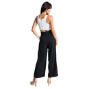 Woman Ladies Loose Lace Up The Belt Straight Leg Casual Black Trousers Mid  S9Y6