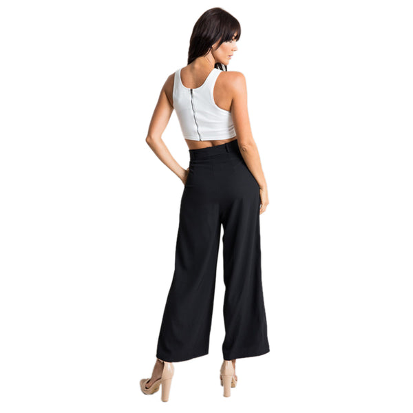 Woman Ladies Loose Lace Up The Belt Straight Leg Casual Black Trousers Mid  S9Y6