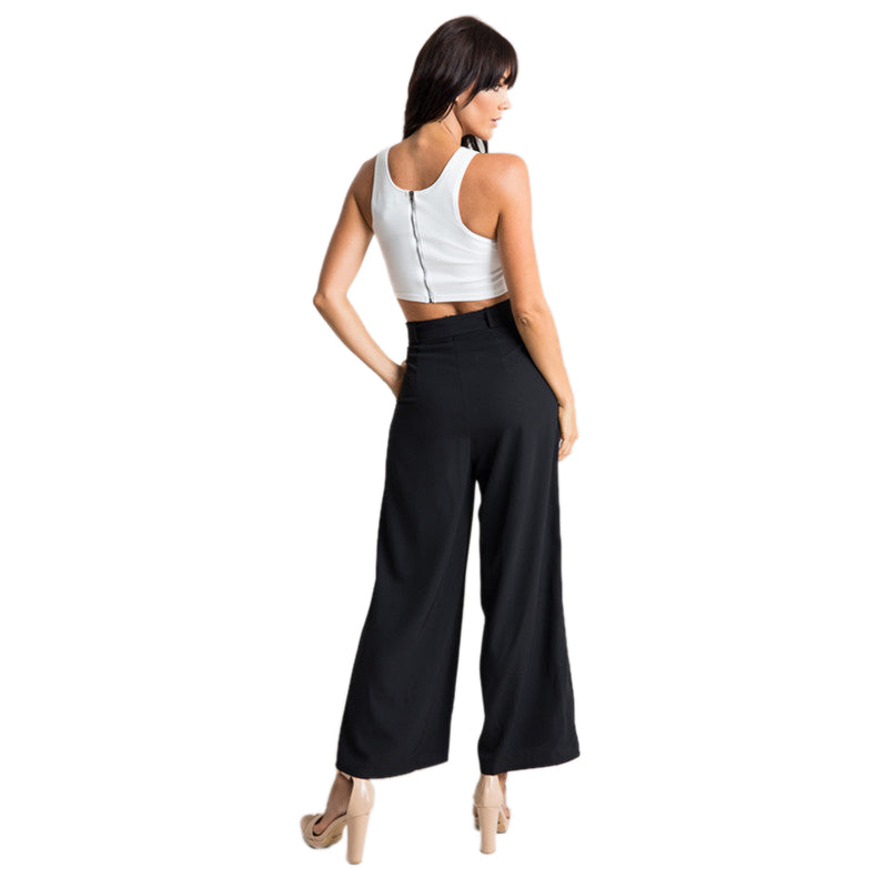 Woman Ladies Loose Lace Up The Belt Straight Leg Casual Black Trousers Mid  S9Y6