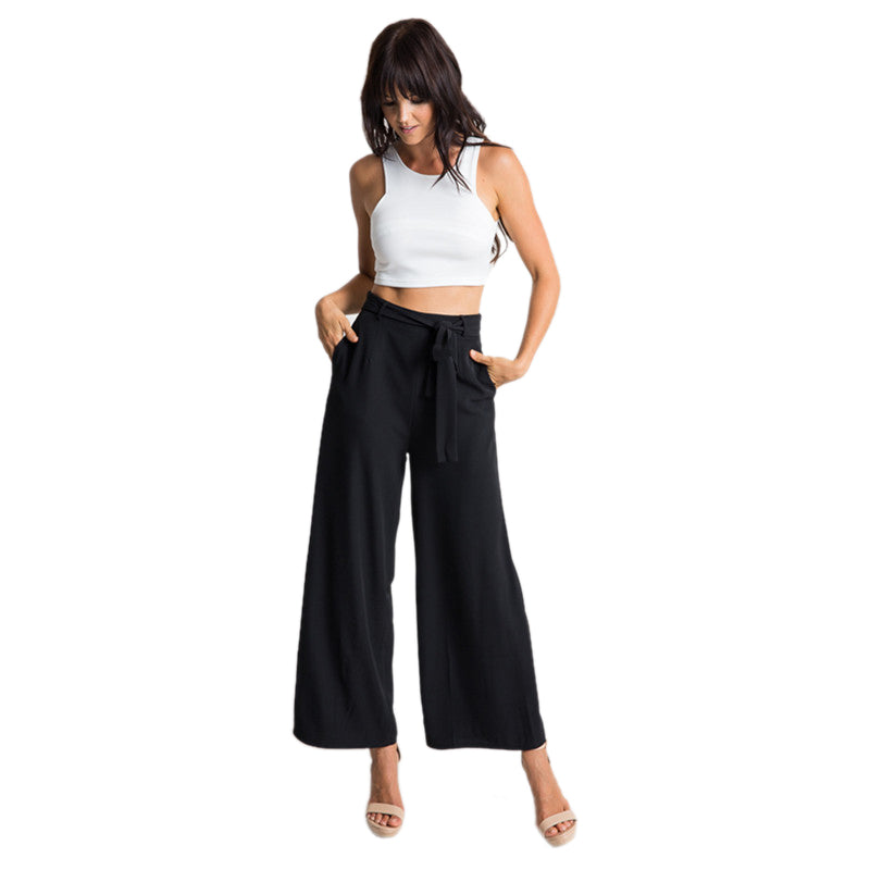 Woman Ladies Loose Lace Up The Belt Straight Leg Casual Black Trousers Mid  S9Y6