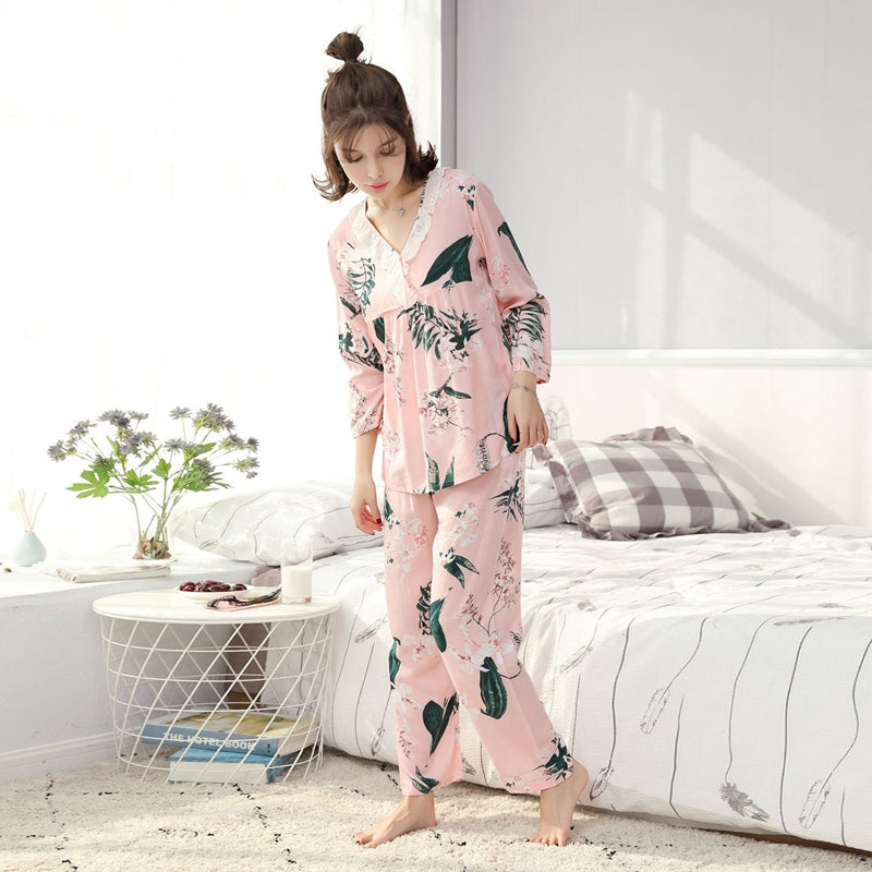 Women Autumn V-neck print 2-pcs Pajama Sets Floral Long Sleeve Sleep Wear C Z8B2
