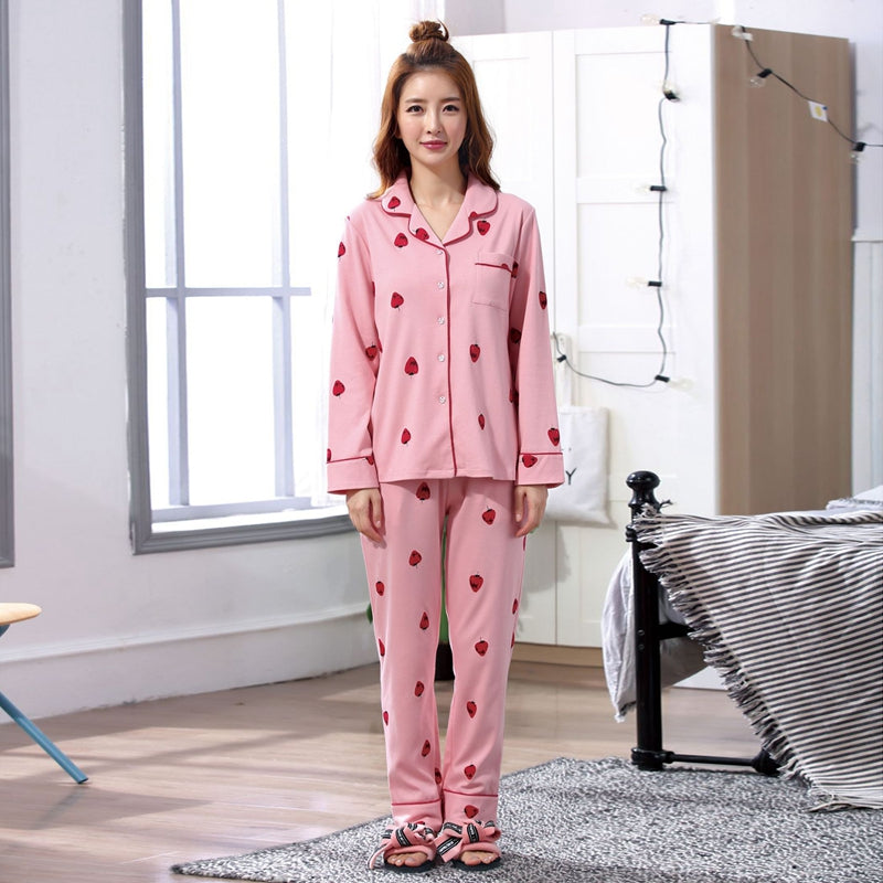 Long sleeve pajamas Ladies Strawberry Print Pajamas Loose Casual Large size C5D9