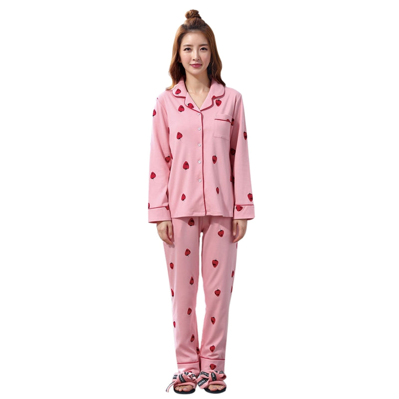 Long sleeve pajamas Ladies Strawberry Print Pajamas Loose Casual Large size C5D9